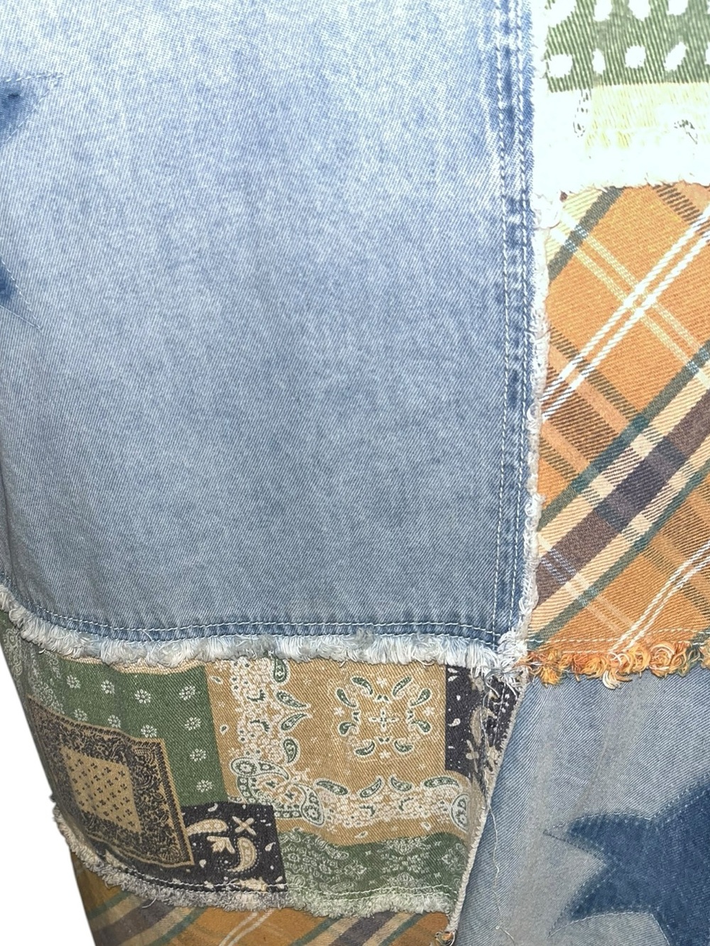 POL S Patchwork Denim & Plaid Long Coat with Star Accents - Picture 3 of 6